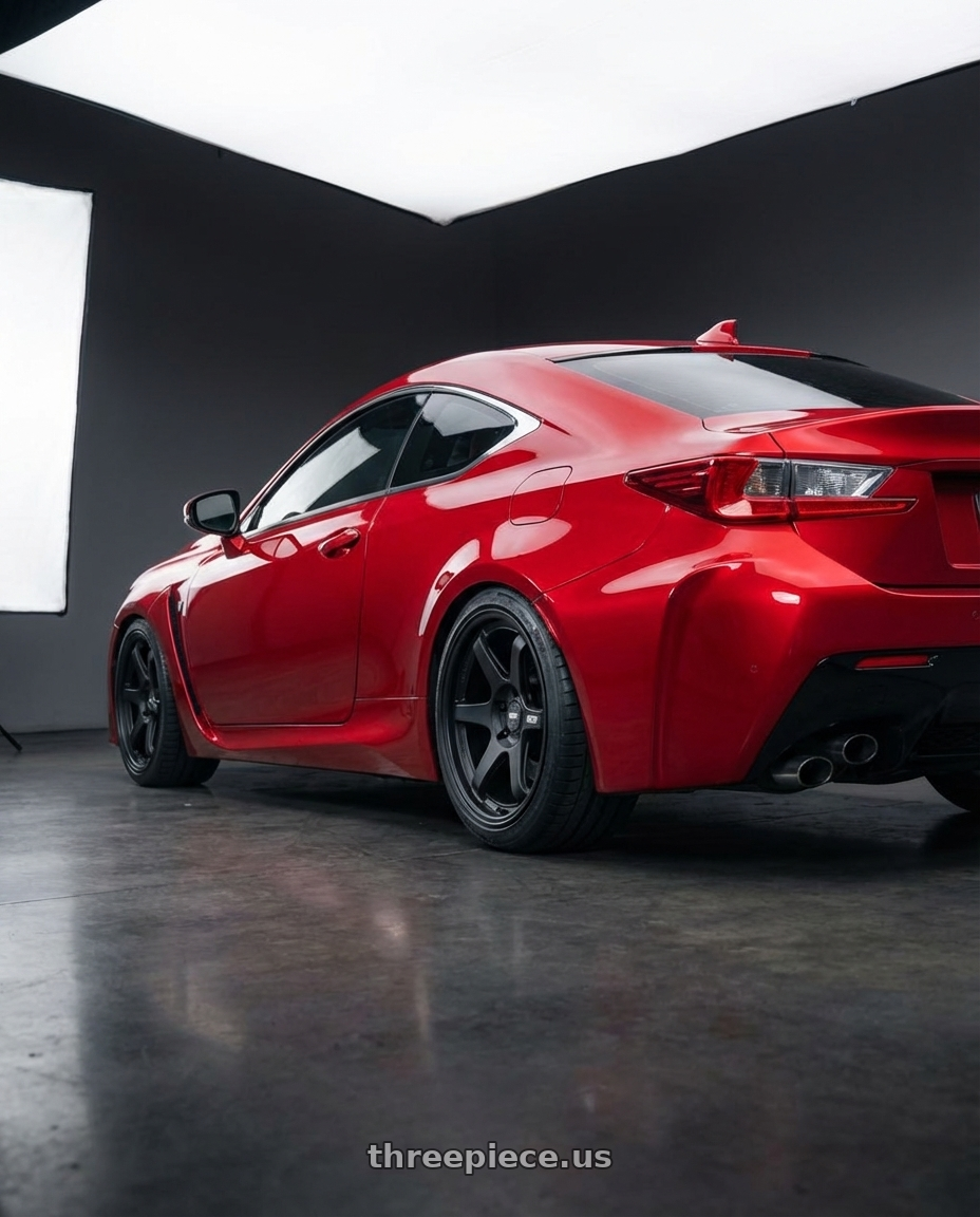 2018 Lexus RC F with ESR Wheels APEX SERIES AP6 5x114.3 19x11 +22 Matte Black wheels rear three quarter view square tires