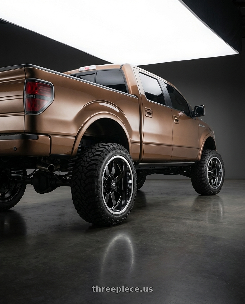 2013 Ford F-150 with Moto Metal MO200 6X135 22X12 -44 GLOSS BLACK MILLED CENTER CHROME LIP wheels rear three quarter view meaty tires