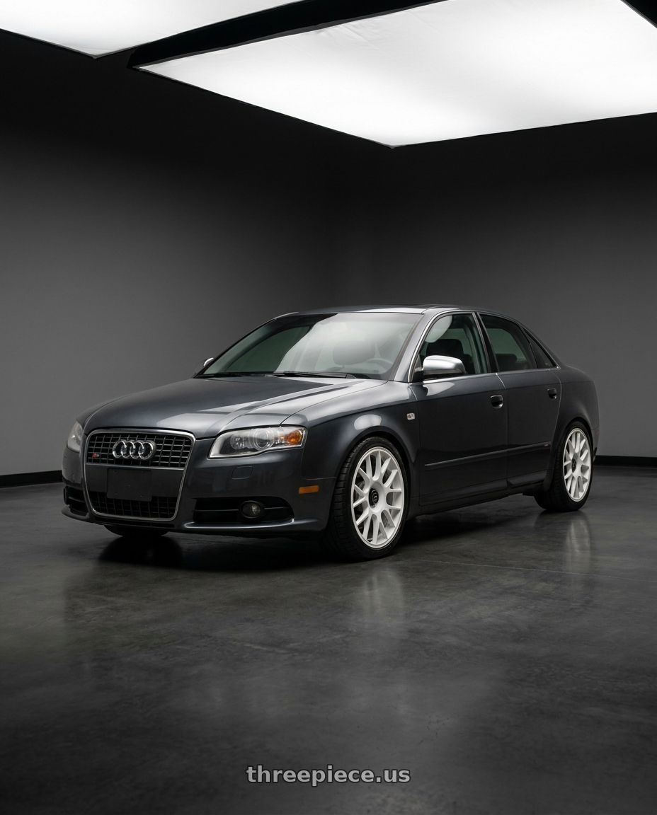 2005 Audi S4 Sedan Dark Grey with fifteen52 APEX 5x112 / 5x120 18x8.5 +35 RALLY WHITE (GLOSS WHITE) wheels