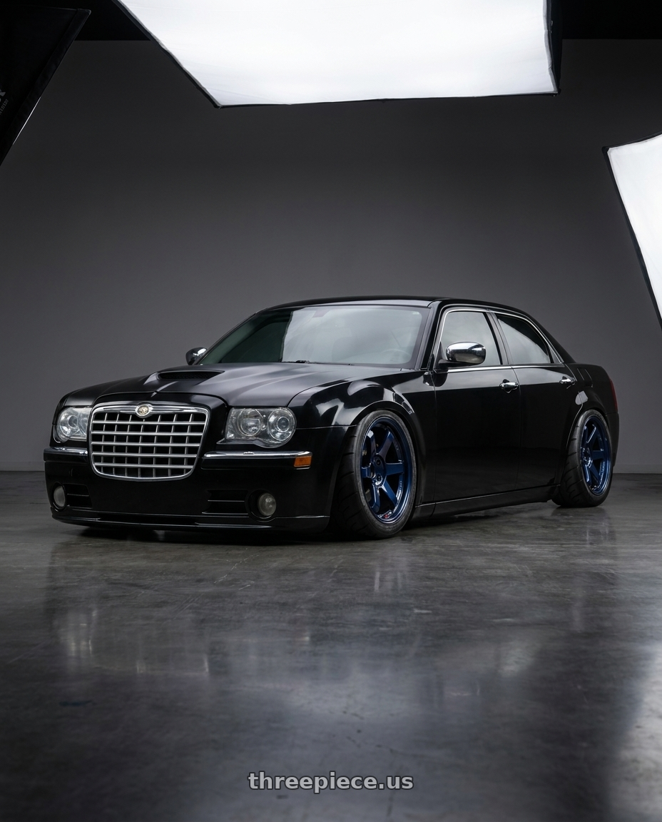 2008 Chrysler 300 srt8 black with blacked out trim and satin back hellcat hood with Volk Racing TE37SL 5x114.3 19x9.5 +22 MAG BLUE wheels