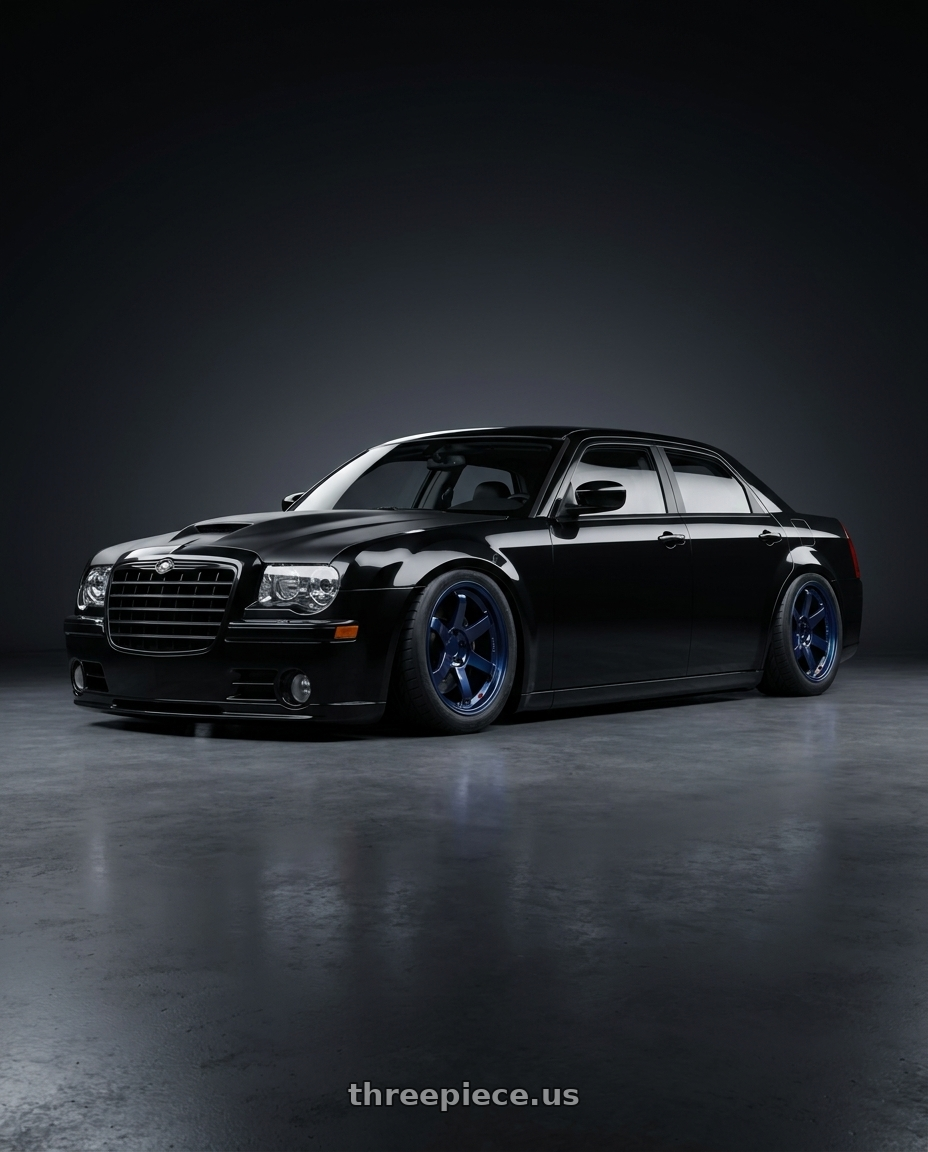 2008 Chrysler 300 srt8 black with blacked out trim and satin back hellcat hood with Volk Racing TE37SL 5x114.3 19x9.5 +22 MAG BLUE wheels rear three quarter view meaty tires
