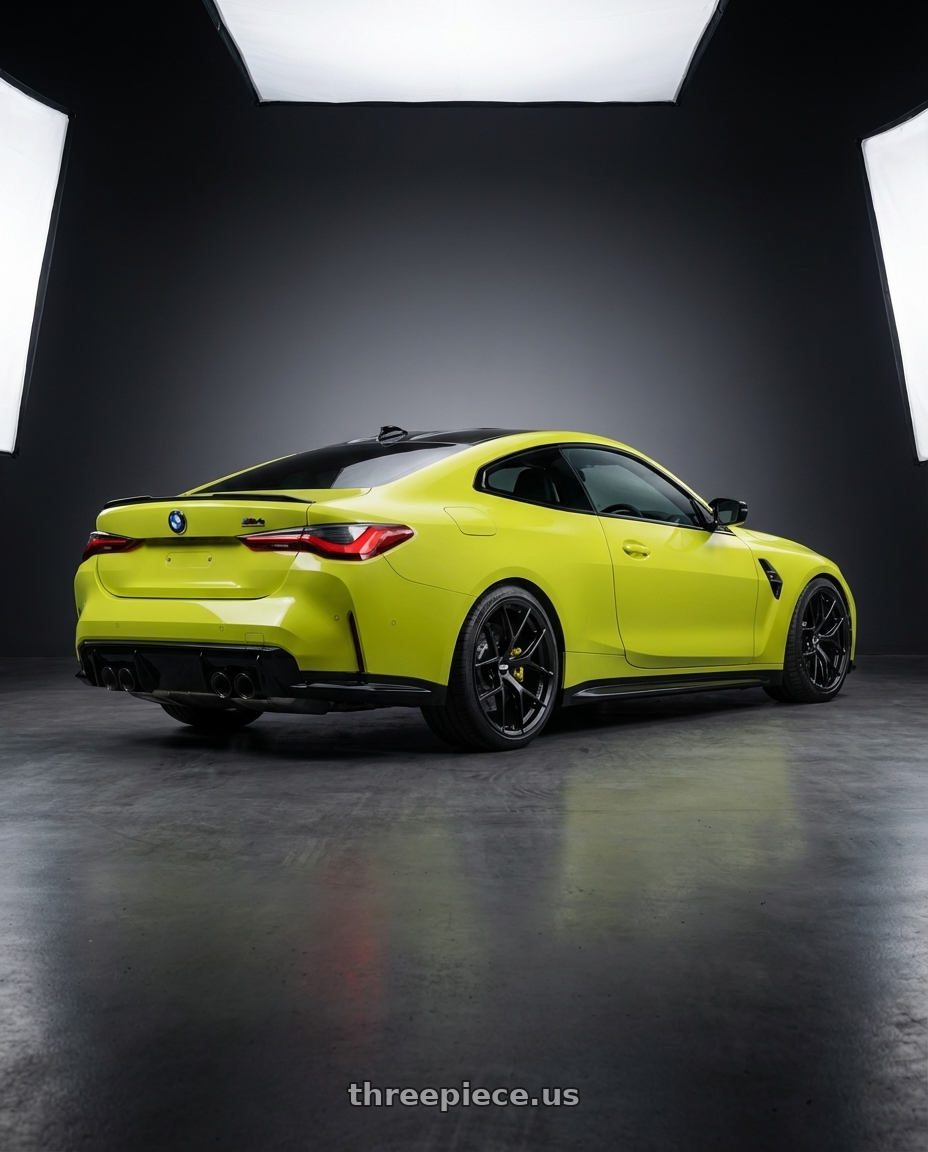 2024 BMW M4 G82 with BBS FI-R Evo 5x112 19x9.5+15 Satin Black wheels rear three quarter view square tires