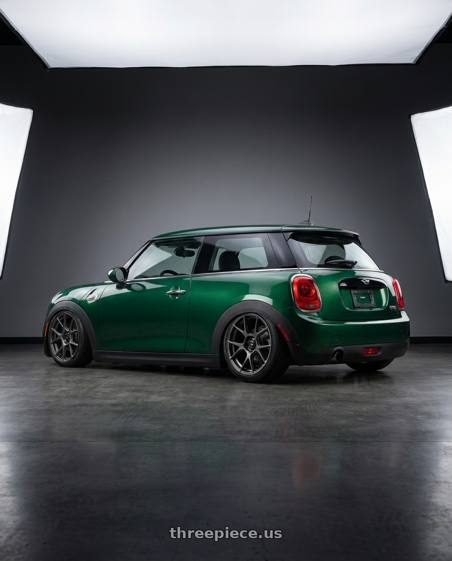 2018 Mini cooper f56 base model with Konig Ampliform 5x120 20x8.5+45 Dark Metallic Graphite wheels rear three quarter view slight stretch tires