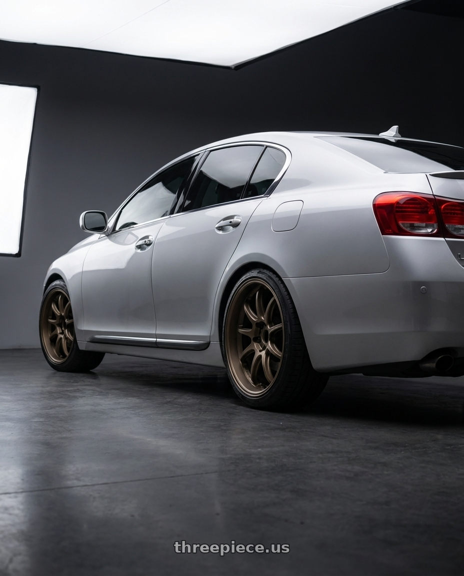 2006 Lexus gs300 with Work Emotion D9r 5x100 19x8.5 +38 Matte Bronze wheels rear three quarter view square tires