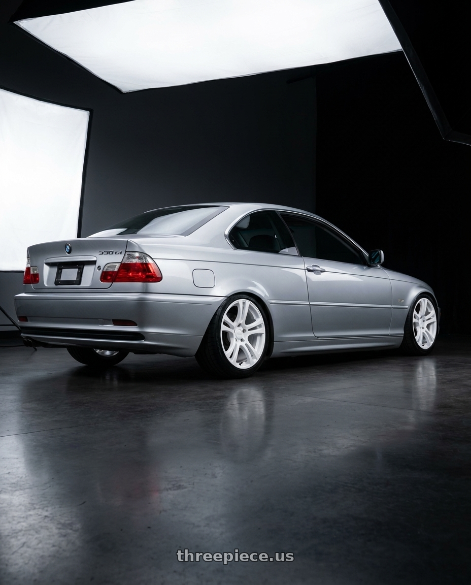 2001 bmw 330ci with Kansei K16W Neo 5x114.3 18x9 35 Gloss White wheels rear three quarter view square tires