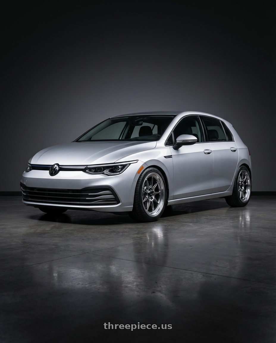 2024 Volkswagen Golf R MK8 with Konig Countergram 5x112 19x8.5+43 Hyper Chrome / Machined Lip wheels front three quarter view lowered stance