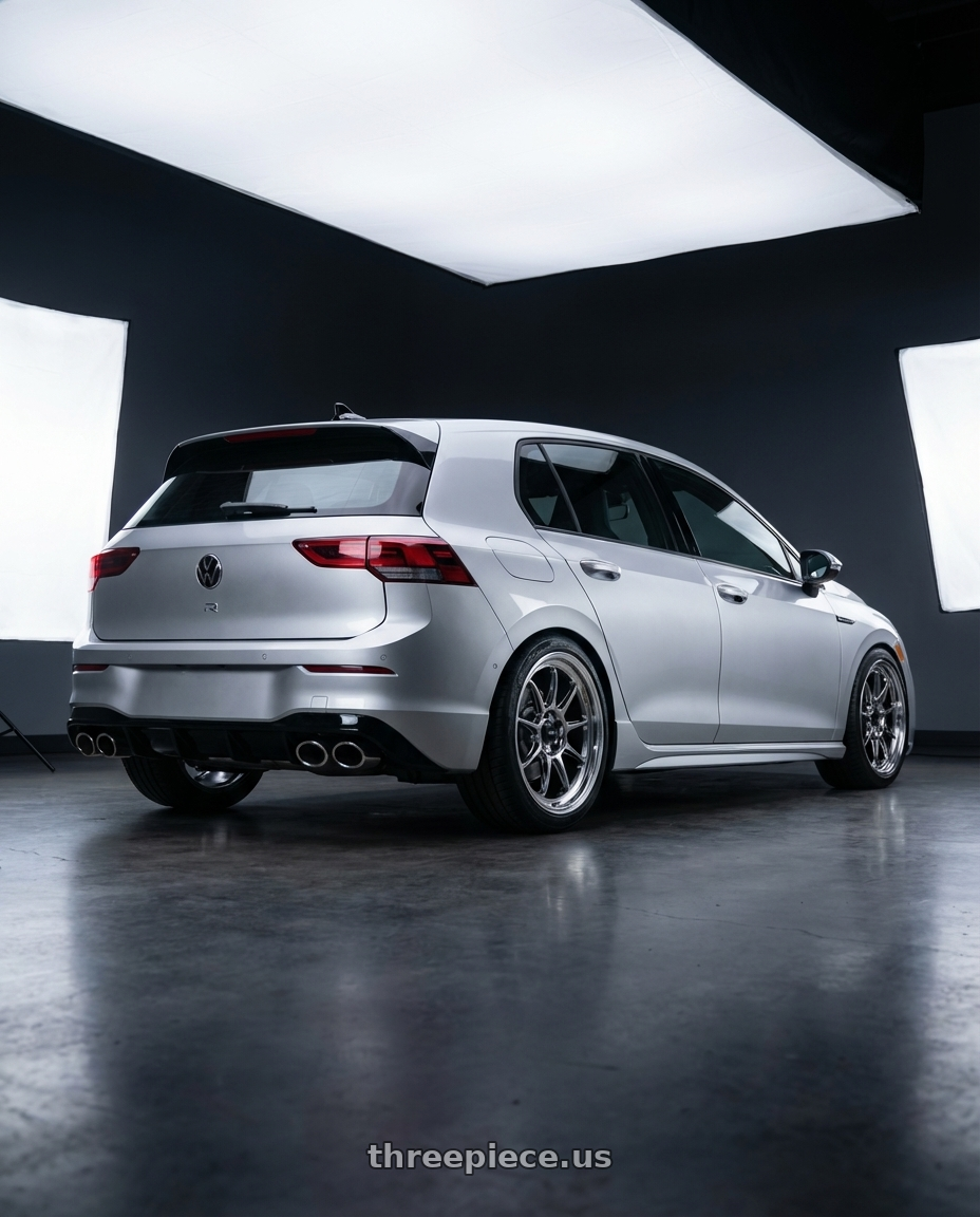 2024 Volkswagen Golf R MK8 with Konig Countergram 5x112 19x8.5+43 Hyper Chrome / Machined Lip wheels rear three quarter view square tires