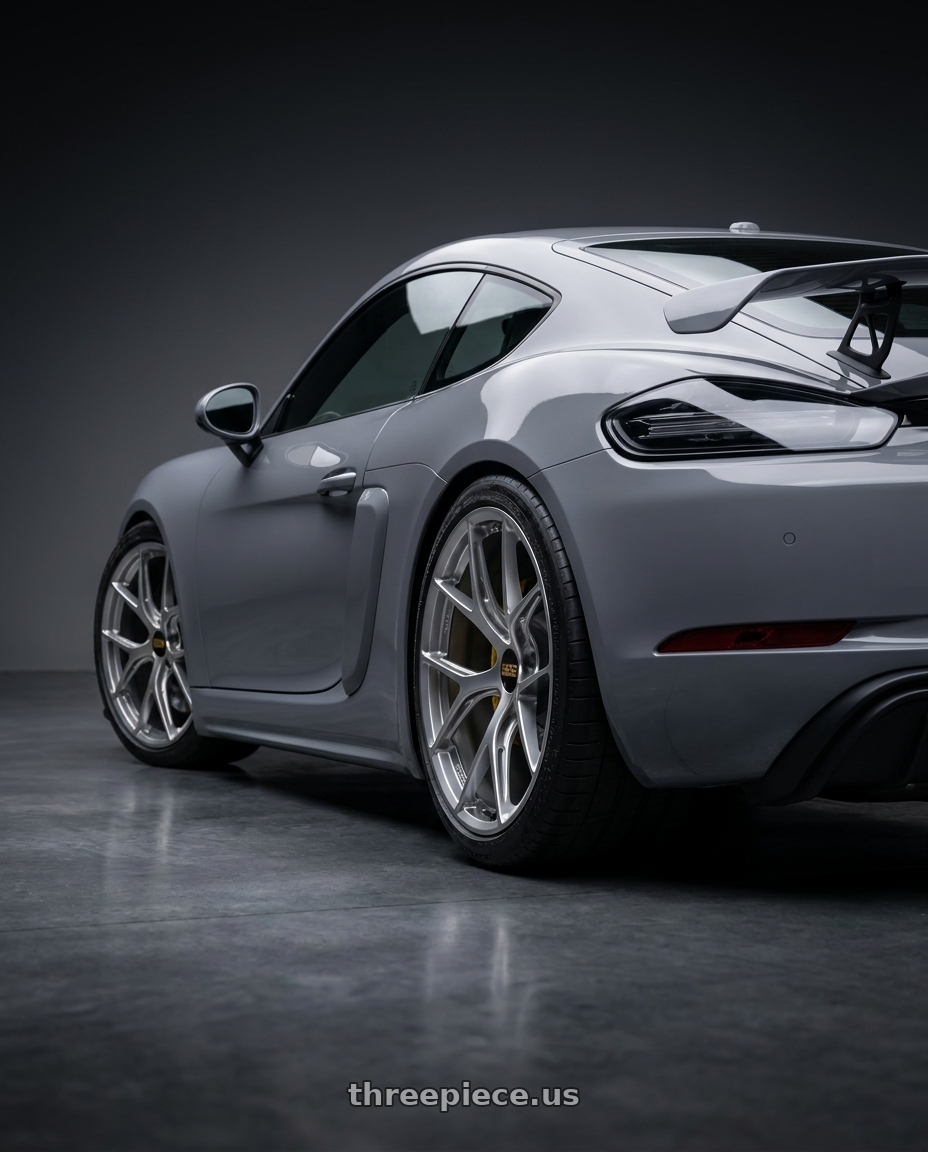 2021 Porsche 718 gt4 with BBS FI-R 5x130 20x9 +48 Diamond Silver wheels rear three quarter view square tires