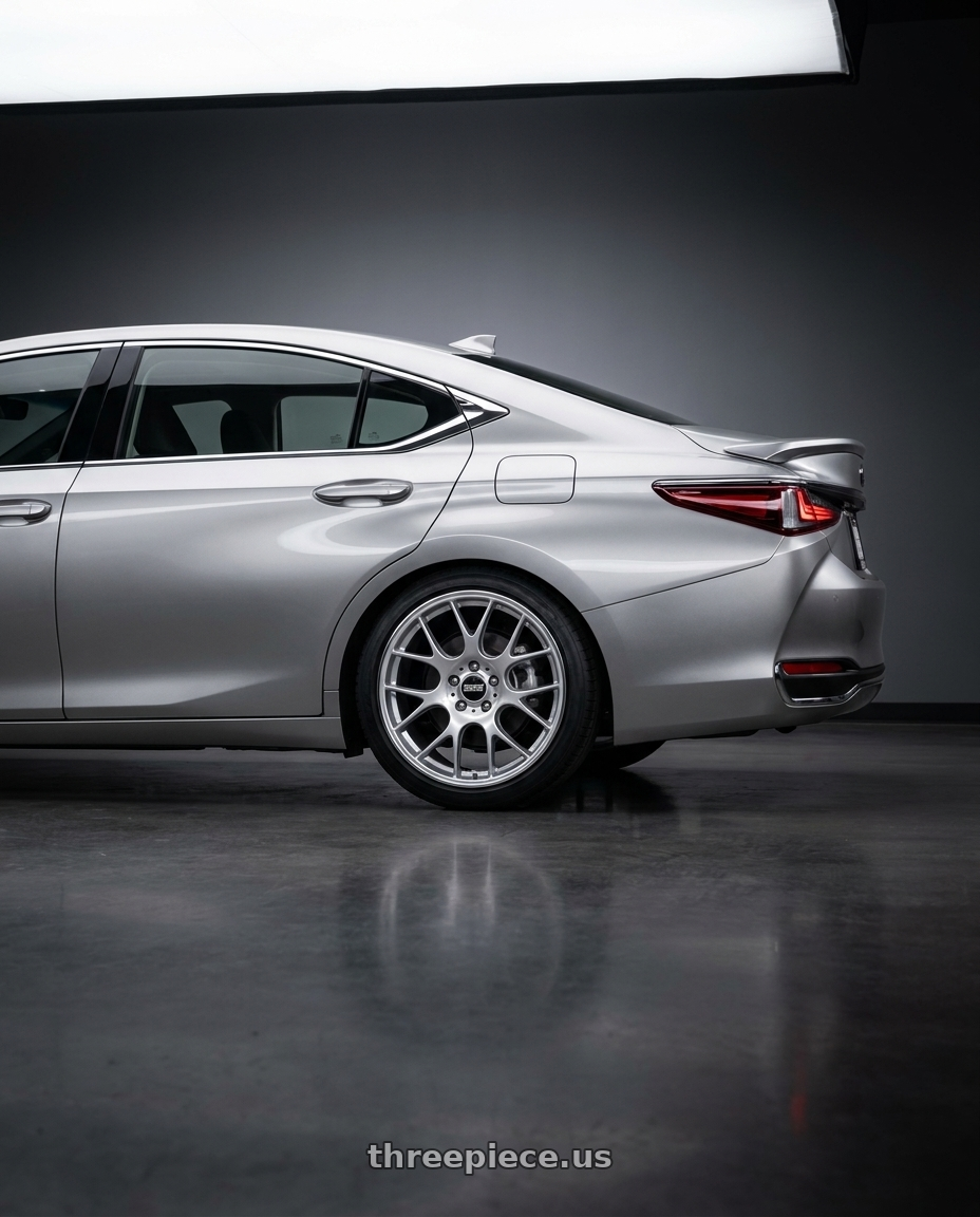 2027 LEXUS ES500e with BBS CH-R 5x114.3 19x8 +38 Brilliant Silver Polished Rim Protector wheels rear three quarter view slight stretch tires