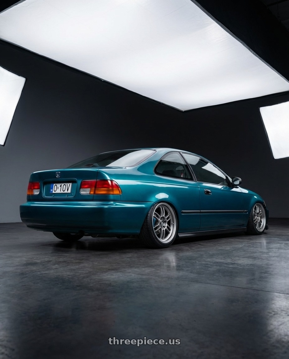 Honda Civic v coupe 1995 with Enkei J10 4x100/114.3 17x7+42 Silver w/ Machined Lip wheels rear three quarter view square tires