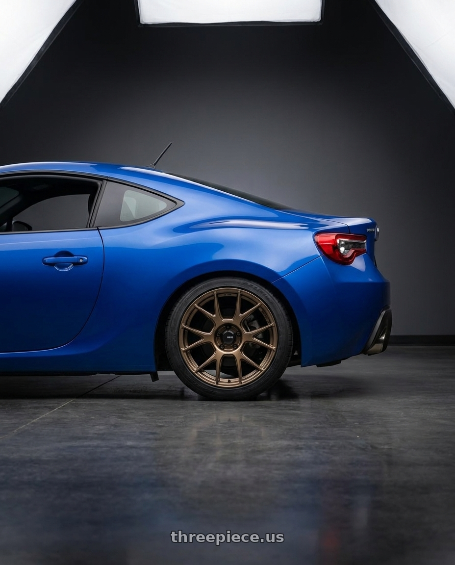 2017 Subaru BRZ with Konig Ampliform 5x100 17x8+40 Gloss Bronze wheels rear three quarter view square tires