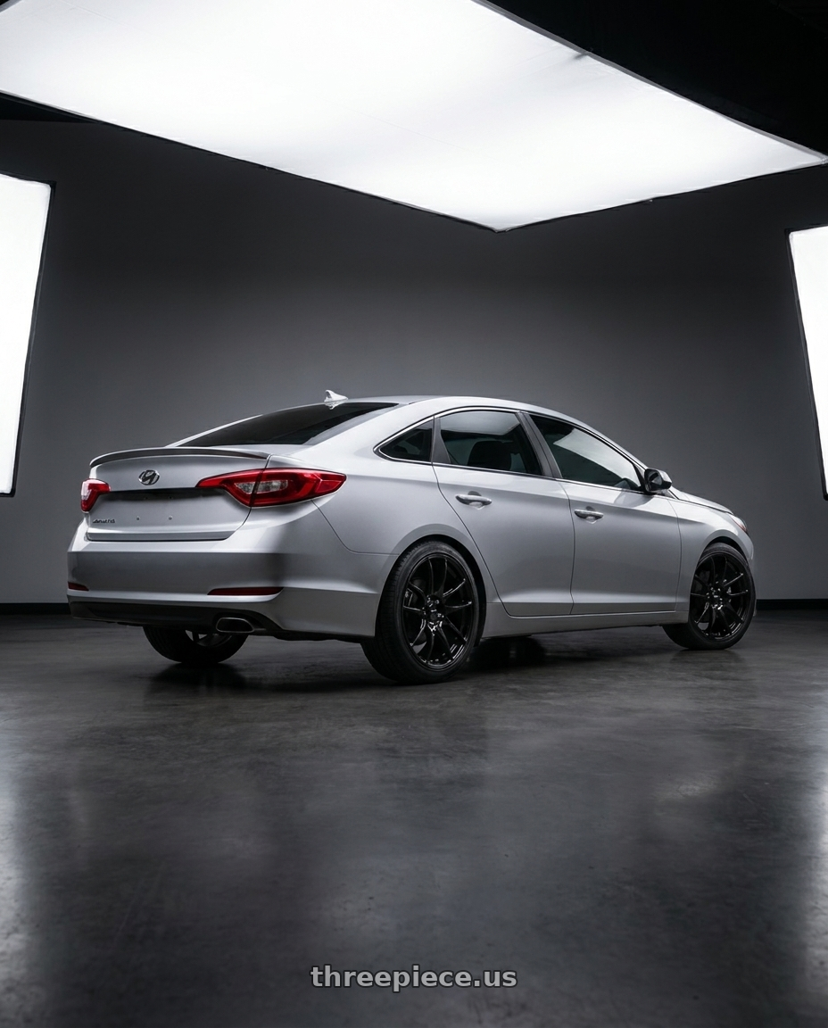 Hyundai Sonata Se 2017 with Vors TR4 5x114.3 19x8.5  +35 Gloss Black wheels rear three quarter view square tires