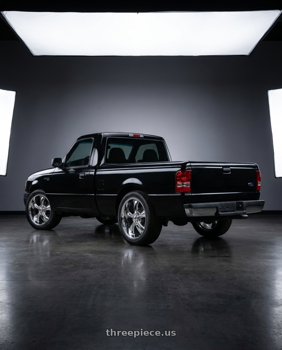 2004 ford ranger black regular with Ridler Type 695 5x114.3 17x8+0 Chrome wheels rear three quarter view slight stretch tires