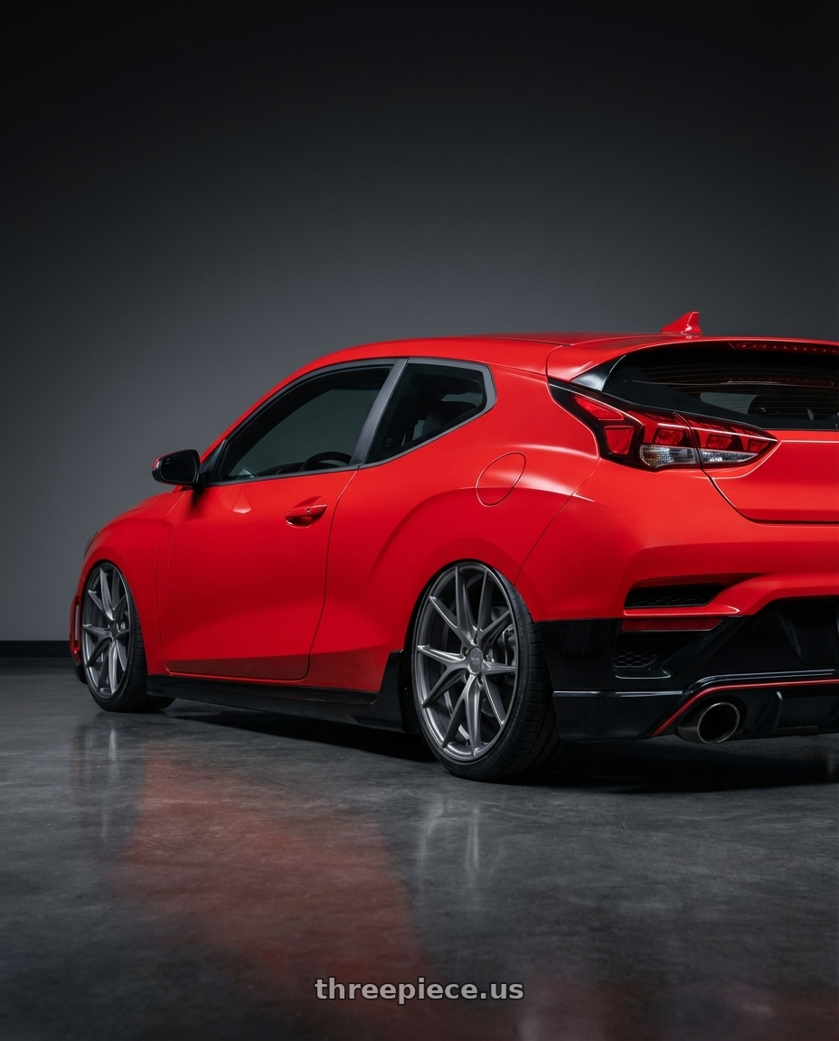 2022 Hyundai Veloster N with Niche 1PC M116 MISANO 5X114.3 19X8.5 +45 MATTE GUN METAL wheels rear three quarter view slight stretch tires