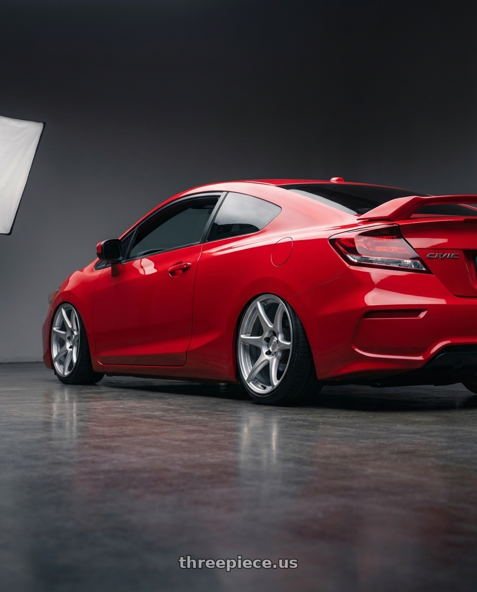 2015 Honda Civic Si with Kansei K11S Tandem 5x114.3 18x10.5 12 Hyper Silver wheels rear three quarter view slight stretch tires