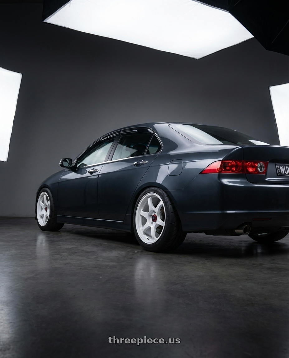 2006 Honda accord euro cl9  with Enkei PF06 5x114.3 17x9+45 White Machined wheels rear three quarter view meaty tires