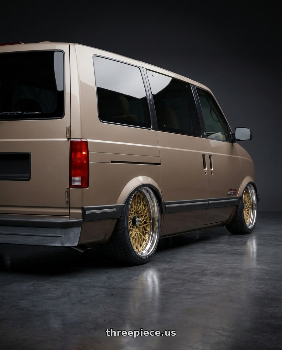 1994 Chevy Astro with SSR Formula MESH 5X100 18X11.5+0 HP Disk Fm Gold wheels rear three quarter view extreme stretch tires
