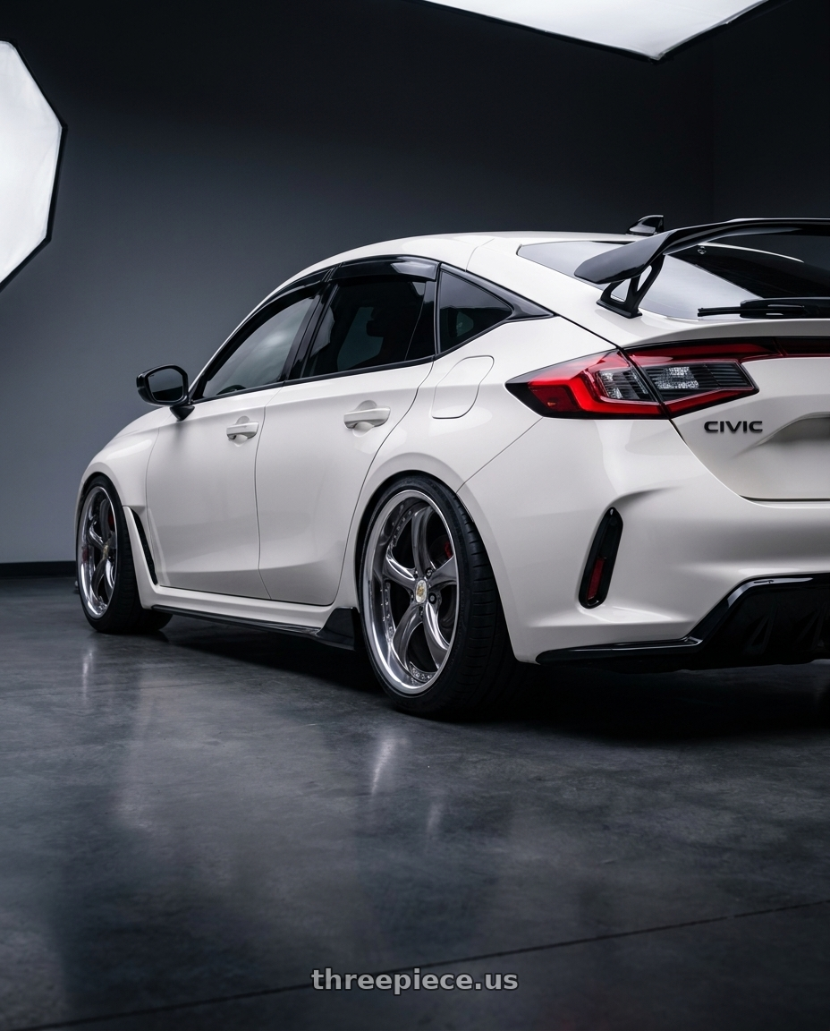 2023 Honda civic type r  with Work Wheels VS-KF 5x120 19x9.5+35 Brilliant Silver Black L Disk FULL REVERSE wheels rear three quarter view square tires