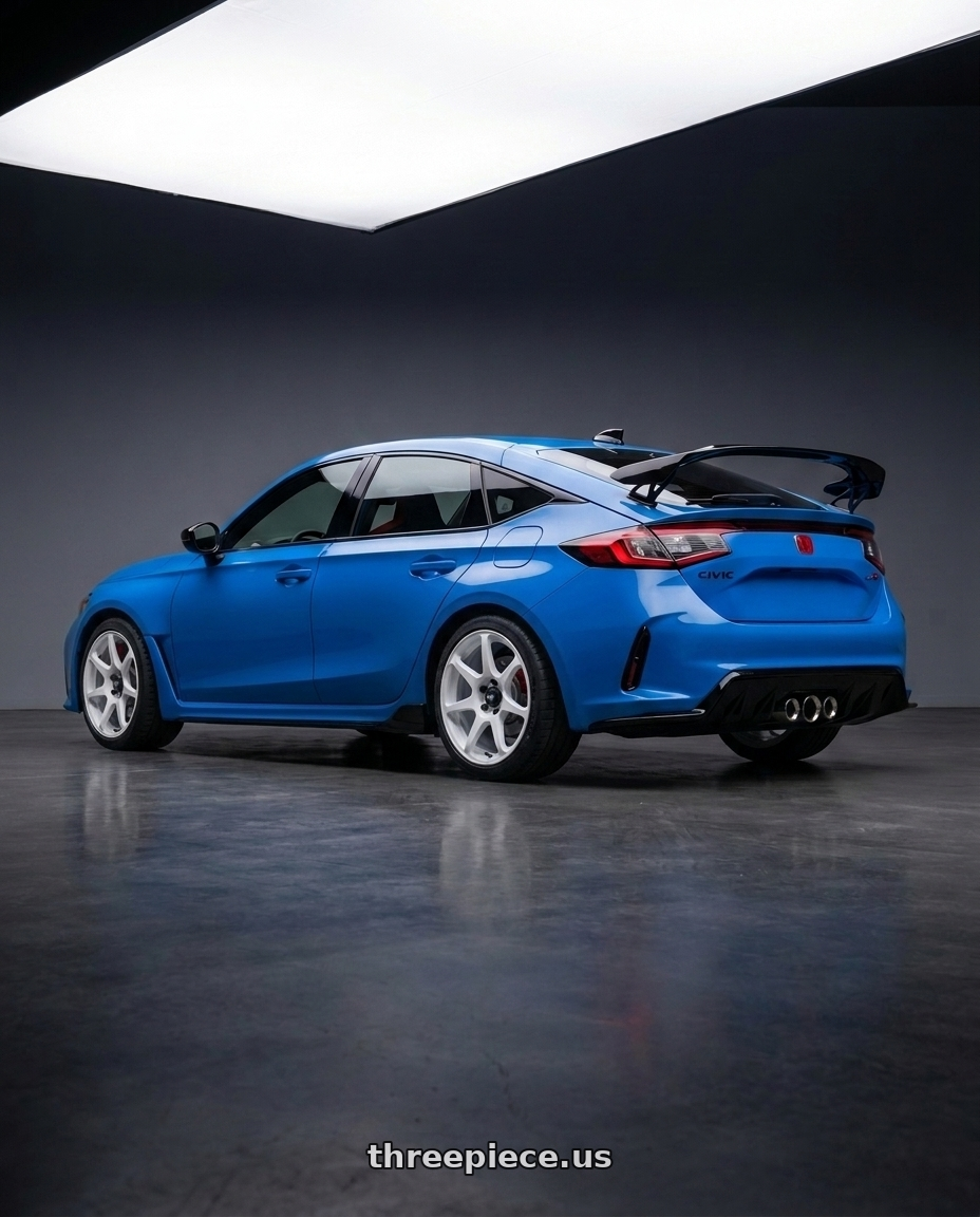 2024 Honda civic type r with Motegi MR154 BATTLE 5X108 17X8 +30 WHITE wheels rear three quarter view square tires