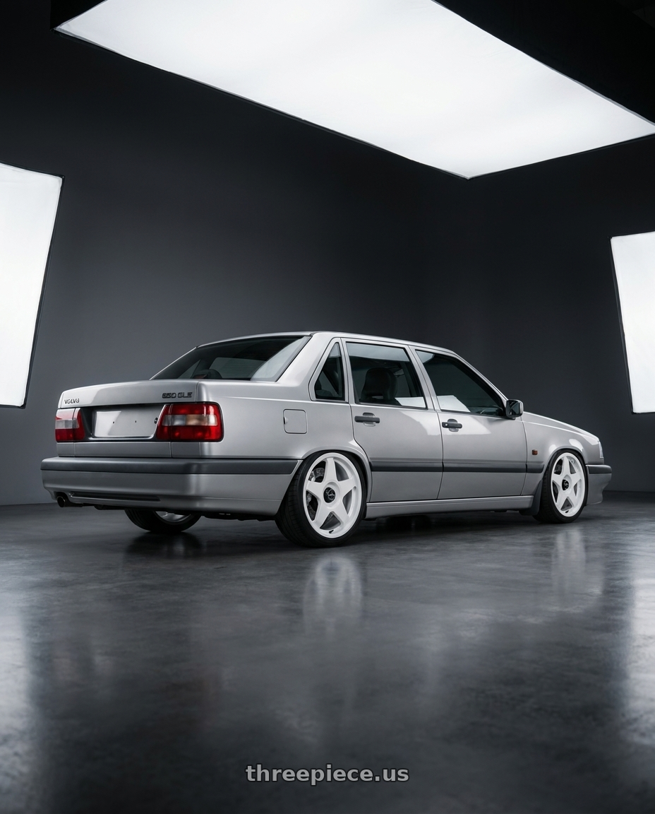 1996 Volvo 850 GLE, Silver, Big brake kit silver 6 piston calipers. with fifteen52 CHICANE 5x108 / 5x112 18x8.5 +45 RALLY WHITE (GLOSS WHITE) wheels rear three quarter view square tires