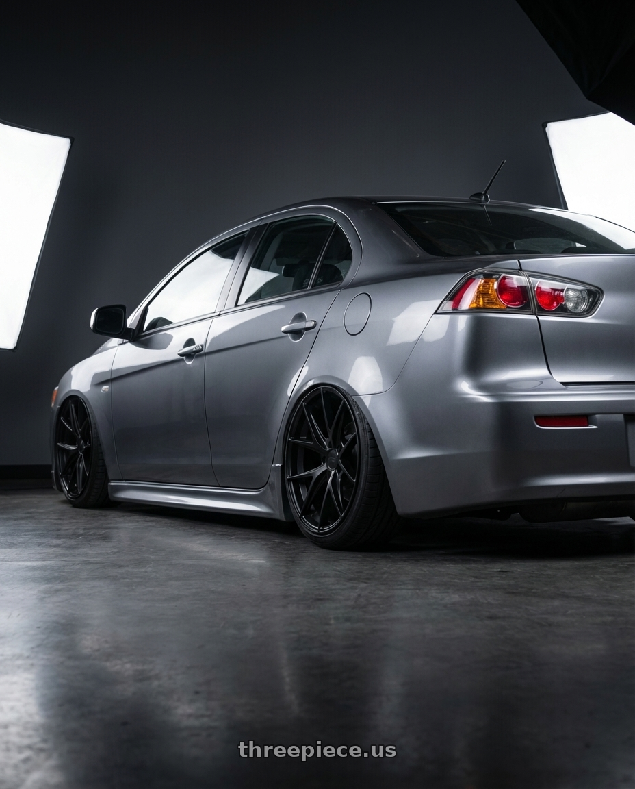 2014 Mitsubishi Lancer Ralliart with Niche 1PC M117 MISANO 5X114.3 18X8 +42 MATTE BLACK wheels rear three quarter view slight stretch tires