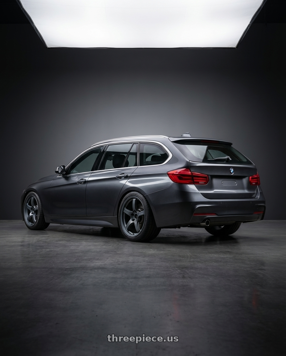 2016 BMW 3 Series F30 with Gram Lights 57CR 5x120 19x10.5+22 Gunblue II wheels rear three quarter view square tires
