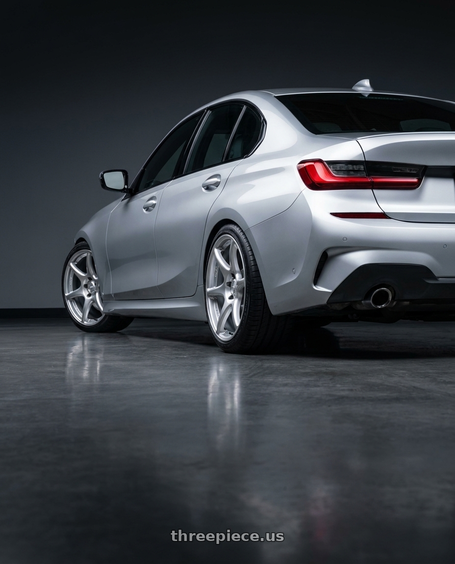 2023 BMW 3 Series G20 with Kansei K11S Tandem 5X112 19x10.5 22 Hyper Silver wheels rear three quarter view square tires