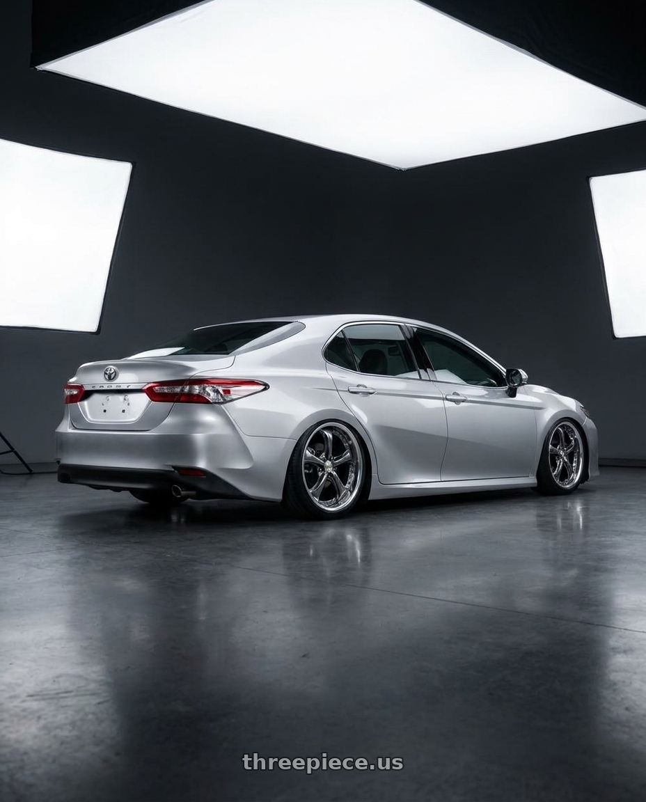 2025 Toyota camry with Work Wheels VS-KF 5X114.3 19x7.5+21 Brilliant Silver Black A Disk FULL REVERSE wheels rear three quarter view square tires