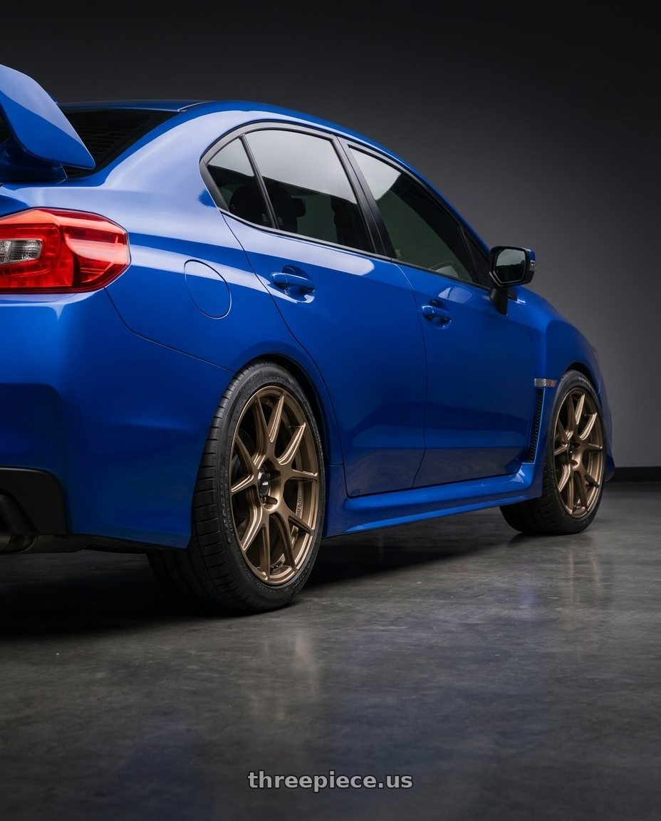 2013 Subaru WRX STI with Konig Ampliform 5x114.3 18x8.5+45 Gloss Bronze wheels rear three quarter view square tires