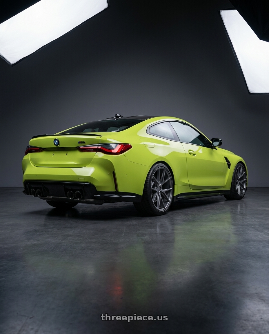 2024 BMW M4 G82 with Niche 1PC M116 MISANO 5X112 19X9.5 +38 MATTE GUN METAL wheels rear three quarter view square tires