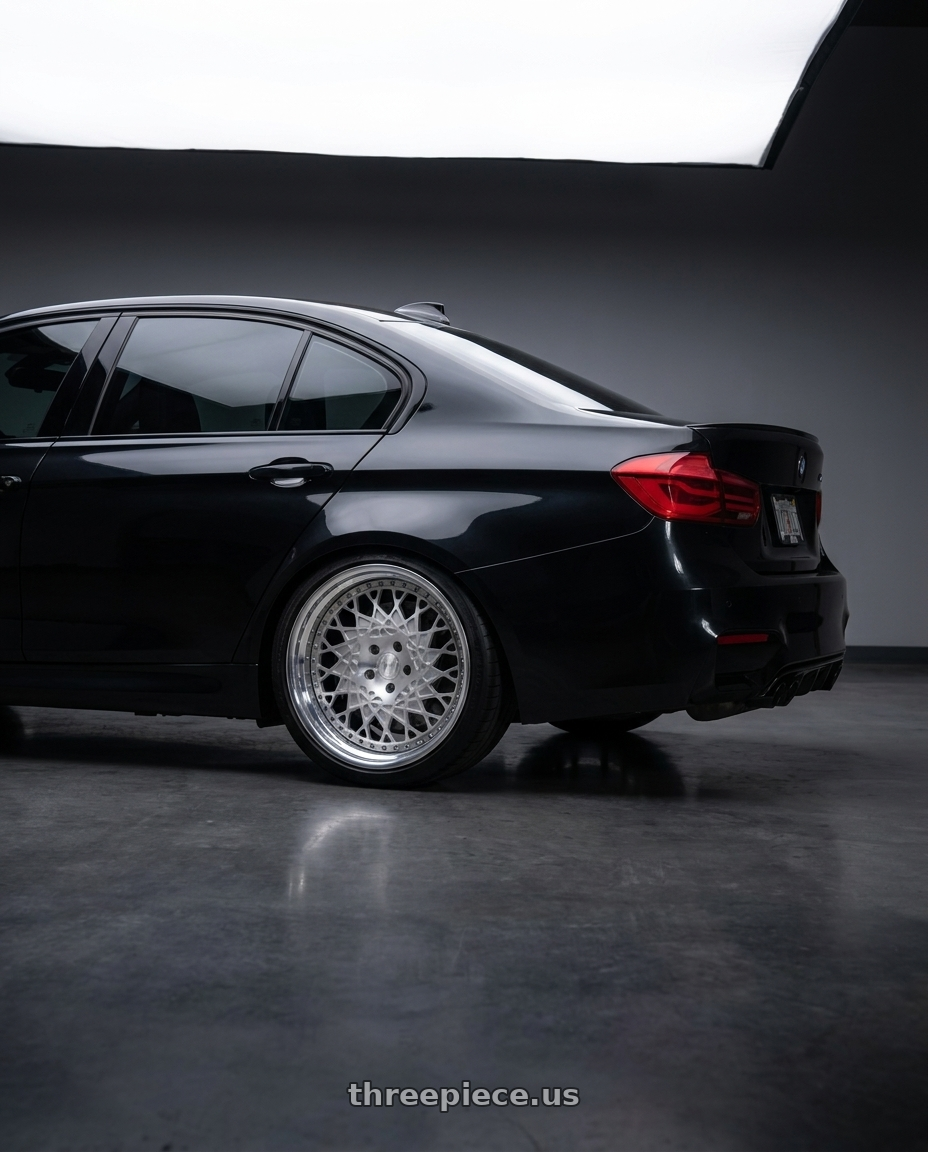 2018 bmw m3 black with Heritage Wheel FUJI-DIR wheels rear three quarter view square tires