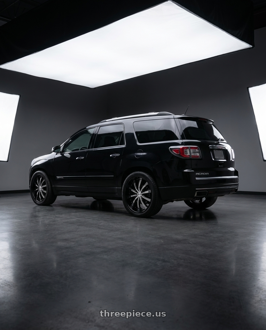 2016 GMC Acadia Denali AWD with Helo HE875 6X132/6X139.7 20X8.5 +38 GLOSS BLACK WITH REMOVABLE CHROME  ACCENTS wheels rear three quarter view square tires