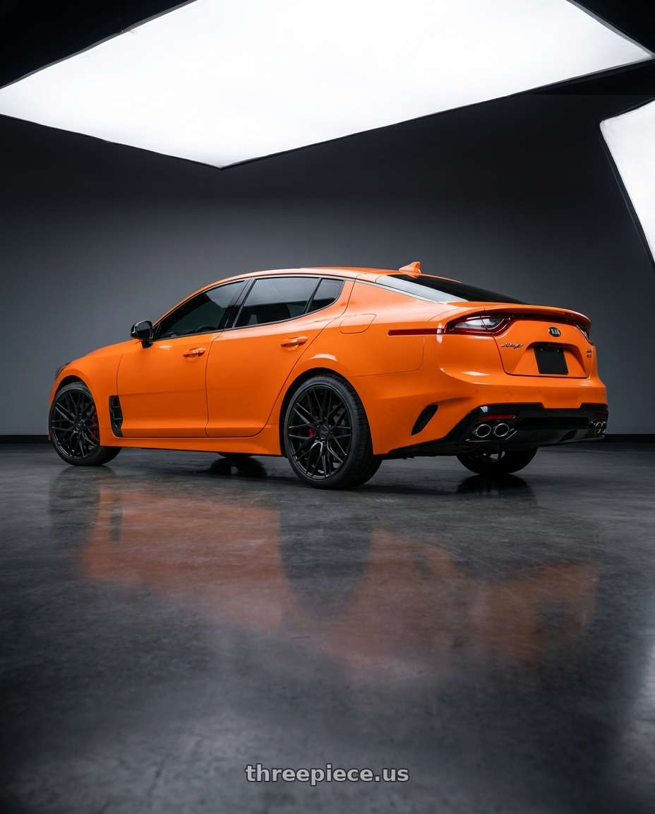2019 KIA stinger gts  with Niche 1PC M190 GAMMA 5X114.3 19X8.5 +35 MATTE BLACK wheels rear three quarter view square tires