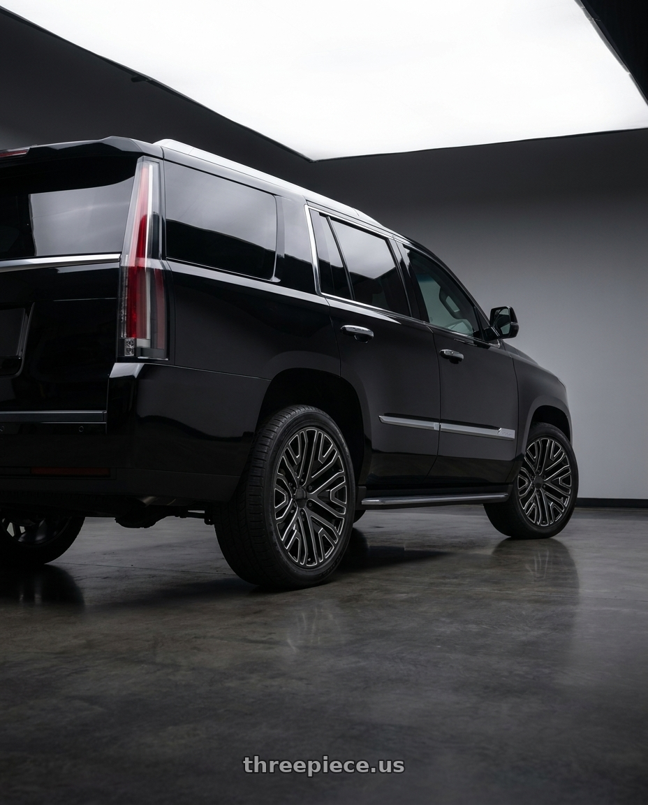 2016 cadillac escalade with Performance Replicas PR197 6X139.7 24X10 +31 GLOSS BLACK MILLED wheels rear three quarter view square tires