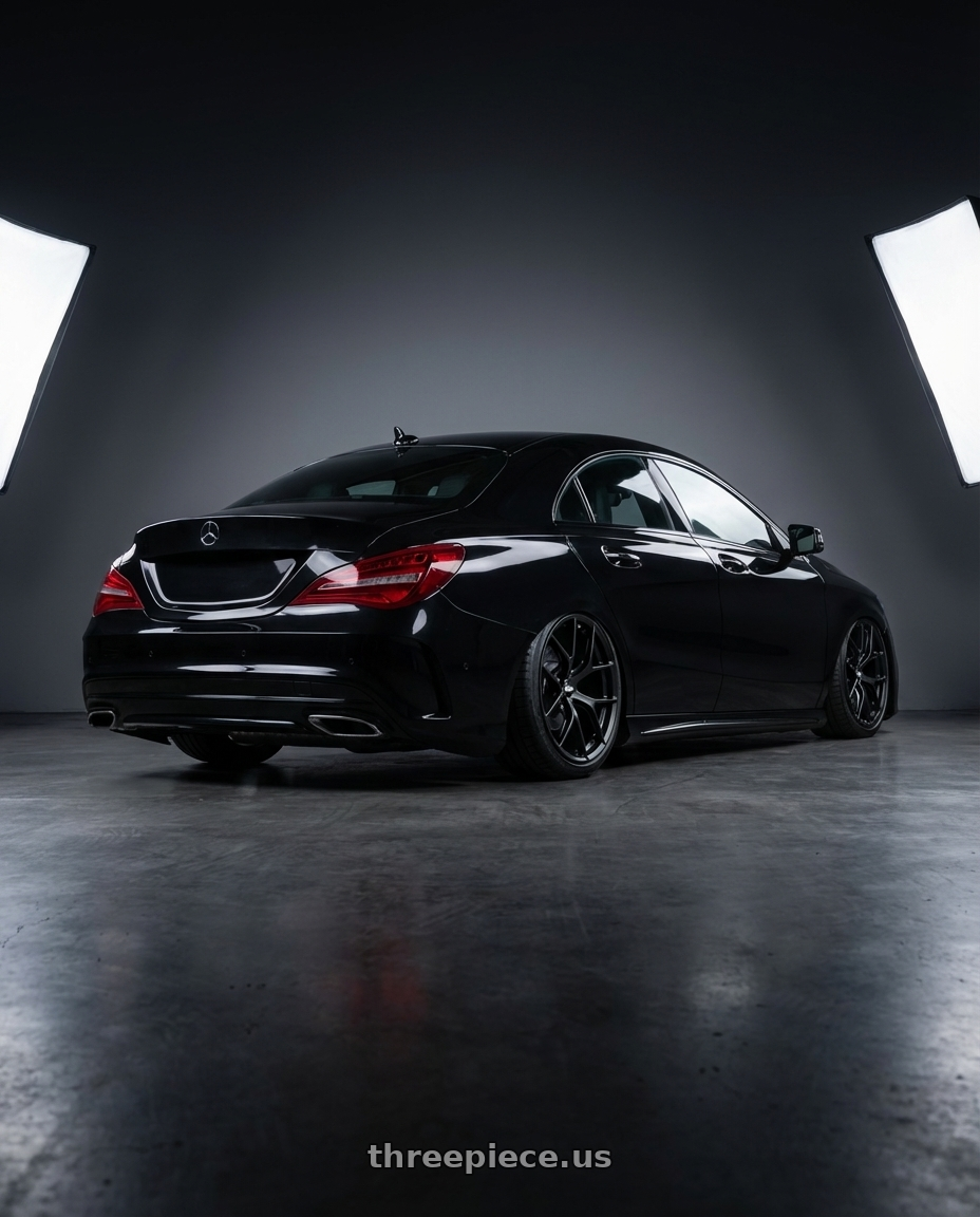 2018 Mercedes-Benz CLA C117 with BBS FI-R Evo 5x112 19x9.5+15 Satin Black wheels rear three quarter view slight stretch tires