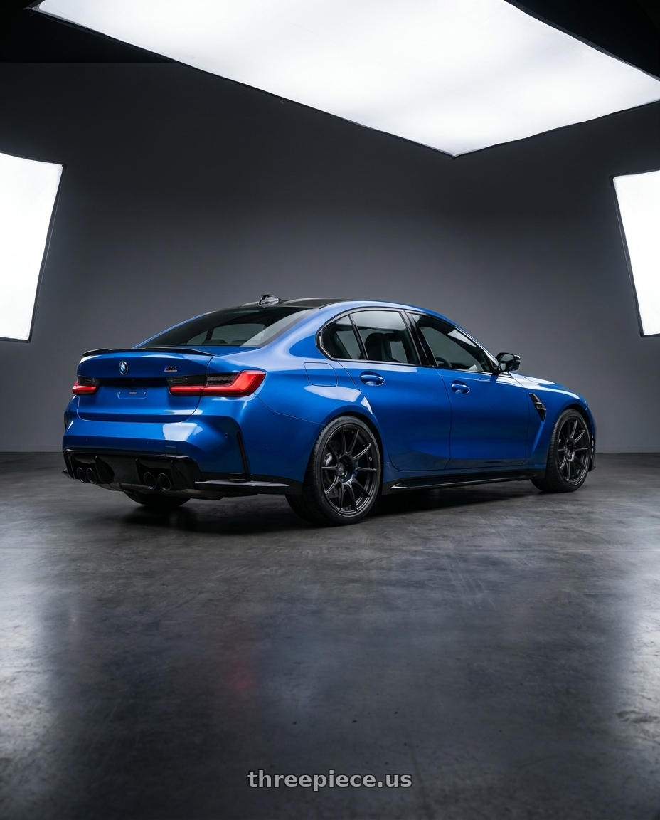 2024 BMW M3 with Ssr Gtx01 5x100 18x9.5+40  FLAT BLACK wheels rear three quarter view square tires