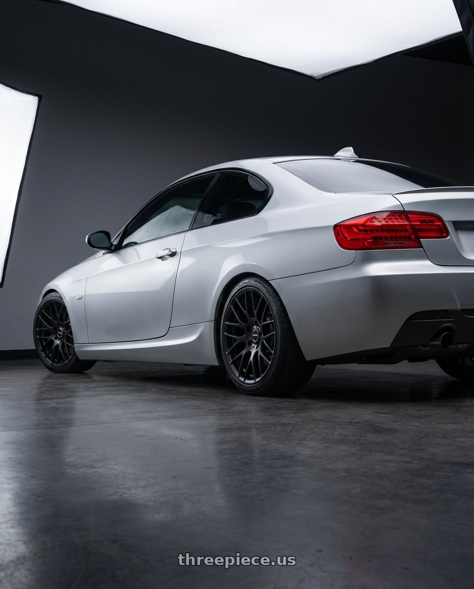 2012 BMW 3 Series E92 with Avant Garde Wheels M359 5X120 18x9.5 +33 Matte Black wheels rear three quarter view square tires