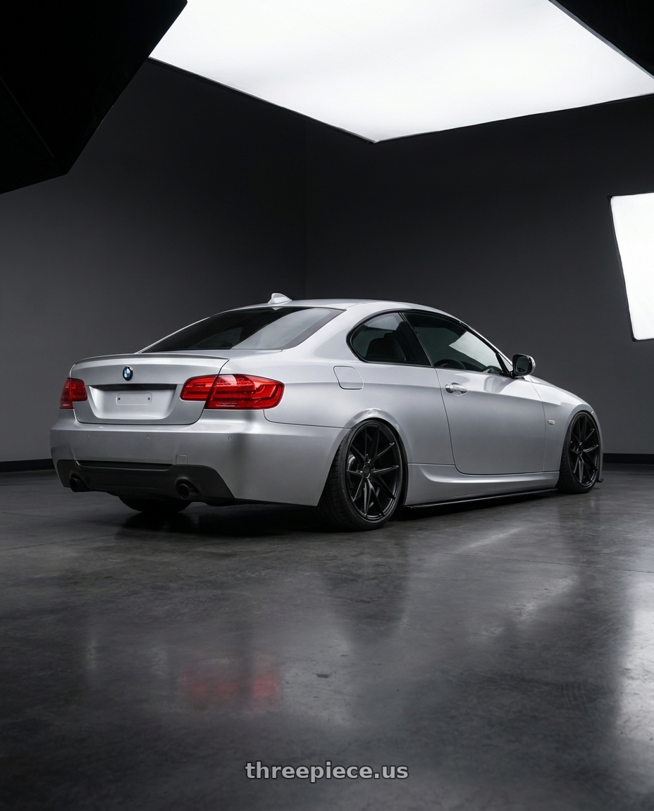 2012 BMW 3 Series E92 with Niche 1PC M117 MISANO 5X120 19X8.5 +35 MATTE BLACK wheels rear three quarter view slight stretch tires