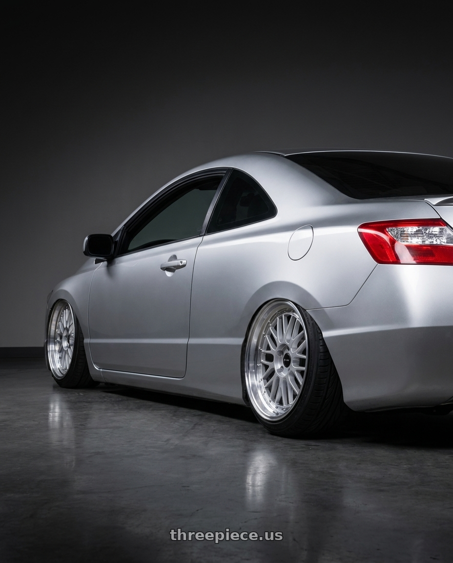 2007 Honda civic with Vors VR8 5x114.3 17x8  +35 Silver Machine Lip Chrome Rivet wheels rear three quarter view extreme stretch tires