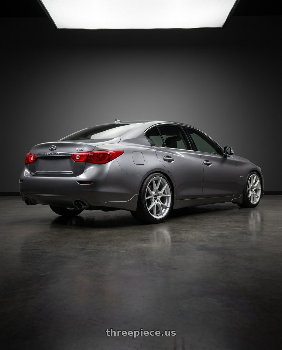2014 infinity q50 awd with Rotiform RC199 KPR 5X112 20x10.5 +35 SILVER wheels rear three quarter view square tires