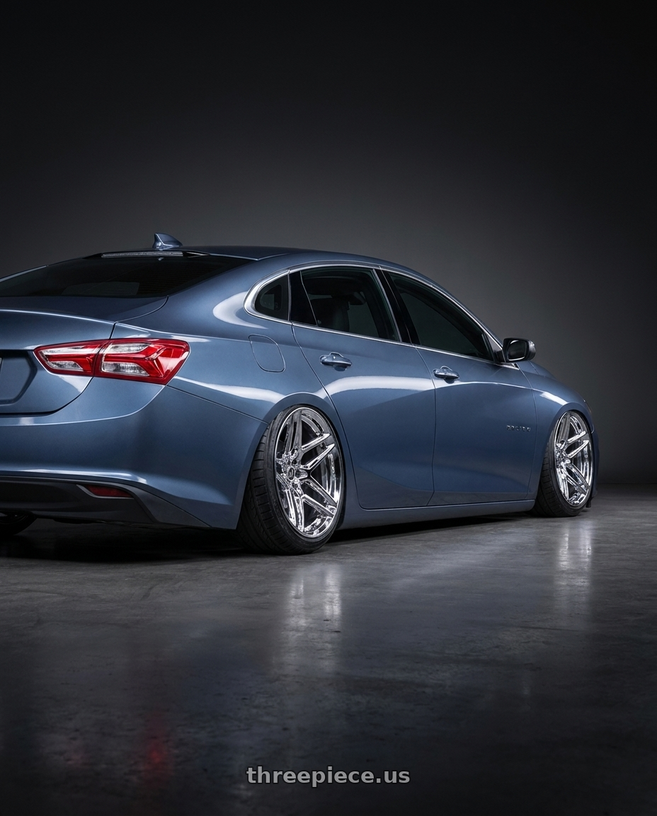 2019 Chevy Malibu lt with Heritage Wheel EBISU MonoC 5x115 18x8.5+35 Chrome wheels rear three quarter view extreme stretch tires