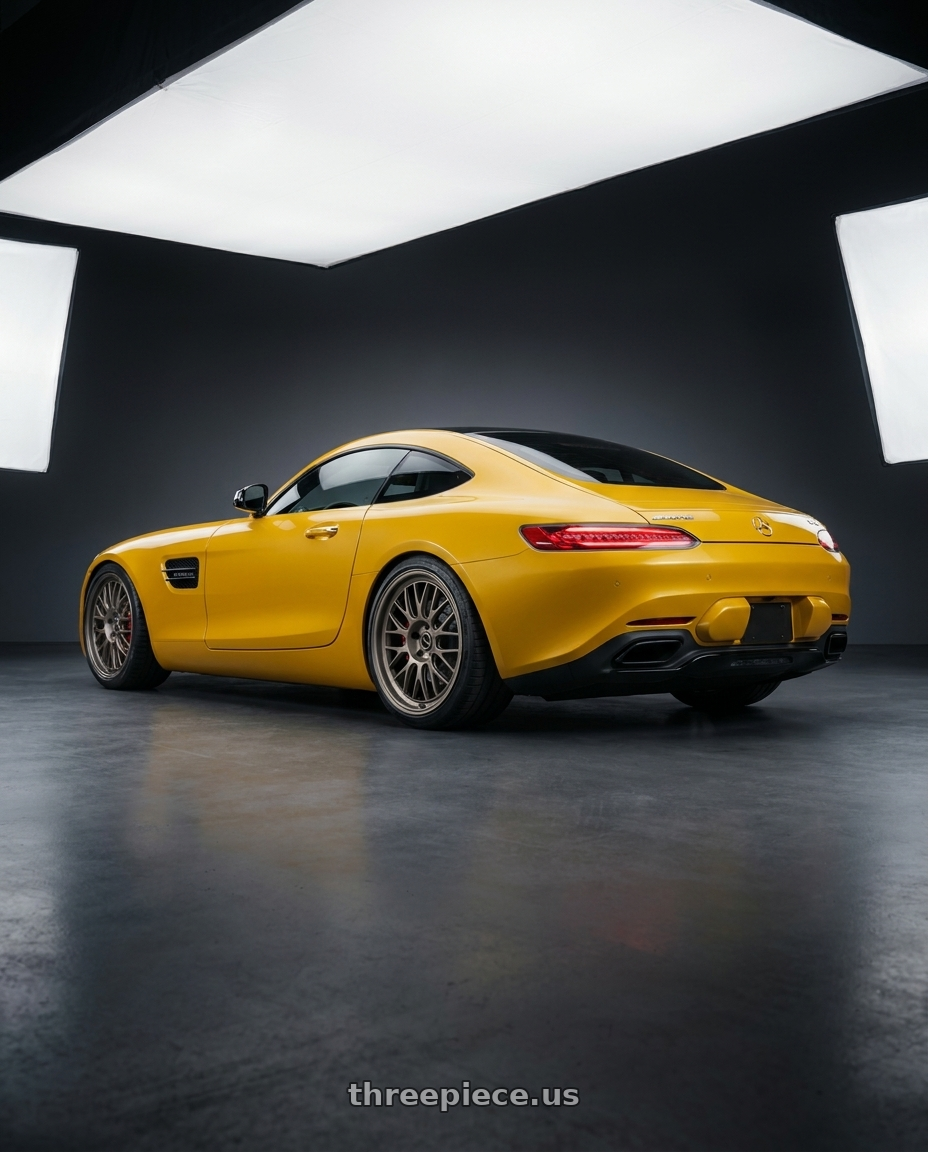 2019 Mercedes-Benz AMG GT with fifteen52 HOLESHOT 5x112 19x8.5 +45 MAGNESIUM GREY (SATIN BRONZE) wheels rear three quarter view square tires