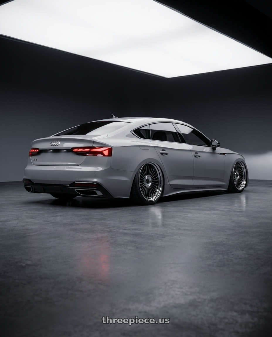 2023 Audi A5 Sportback with Work Emitz Black Polish 5x112 19x9.5 +22 wheels rear three quarter view slight stretch tires