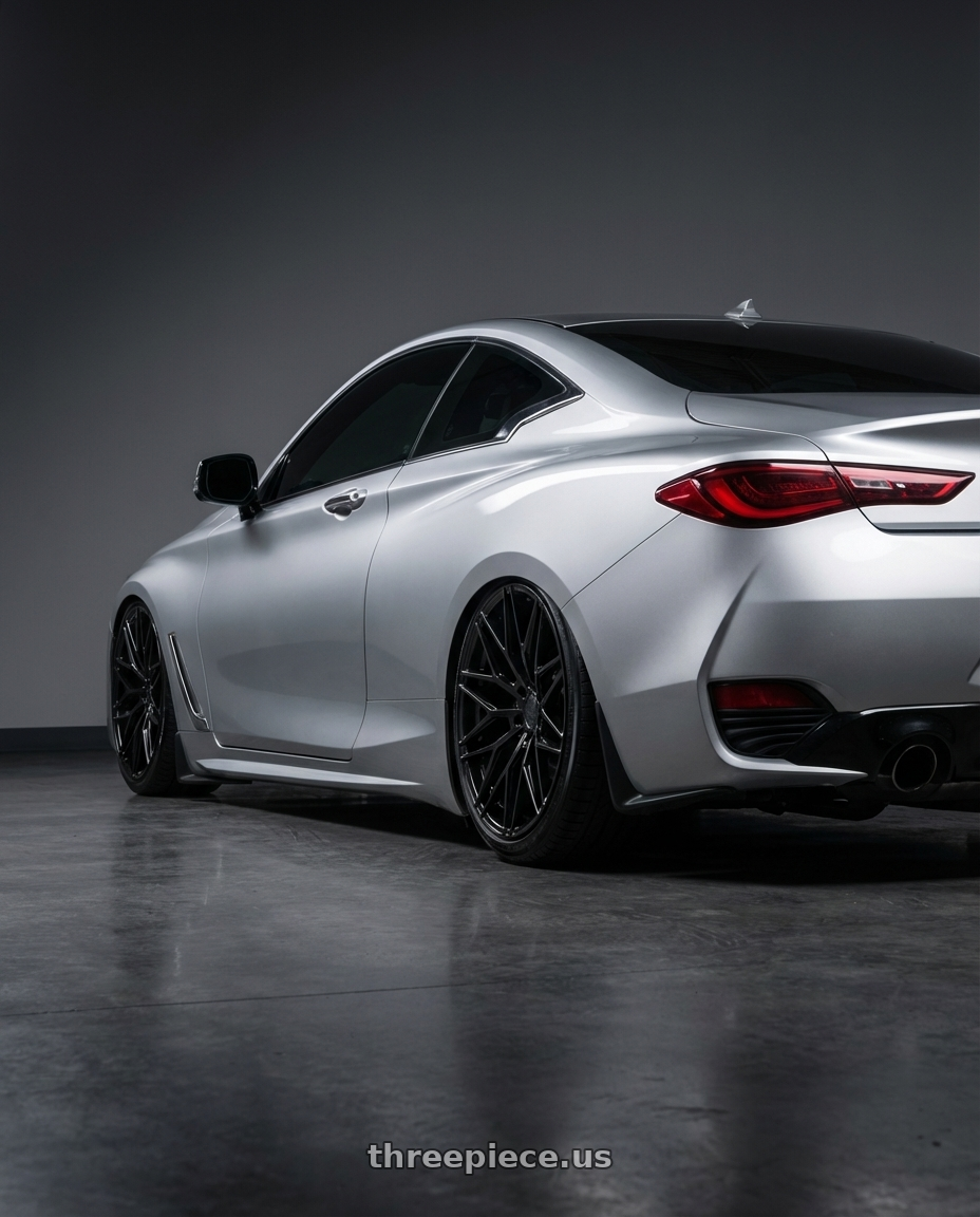 2020 Infiniti Q60 with Avant Garde Wheels M520R 5X114.3 20x10 +35 Gloss Black wheels rear three quarter view slight stretch tires