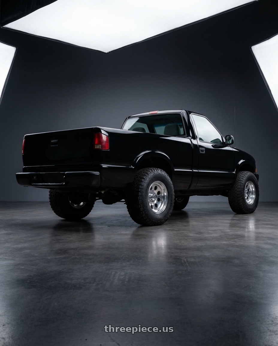 1995 chevy s10 with Mickey Thompson Classic III Polished 5x139.7 15x8 -22 Polished wheels rear three quarter view meaty tires