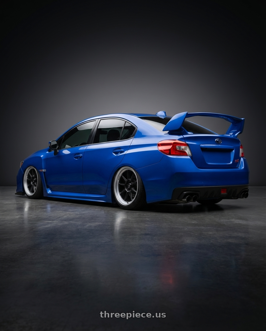 2013 Subaru WRX STI with Konig Countergram 5x114.3 18x9.5+25 Matte Black / Matte Machined Lip wheels rear three quarter view slight stretch tires