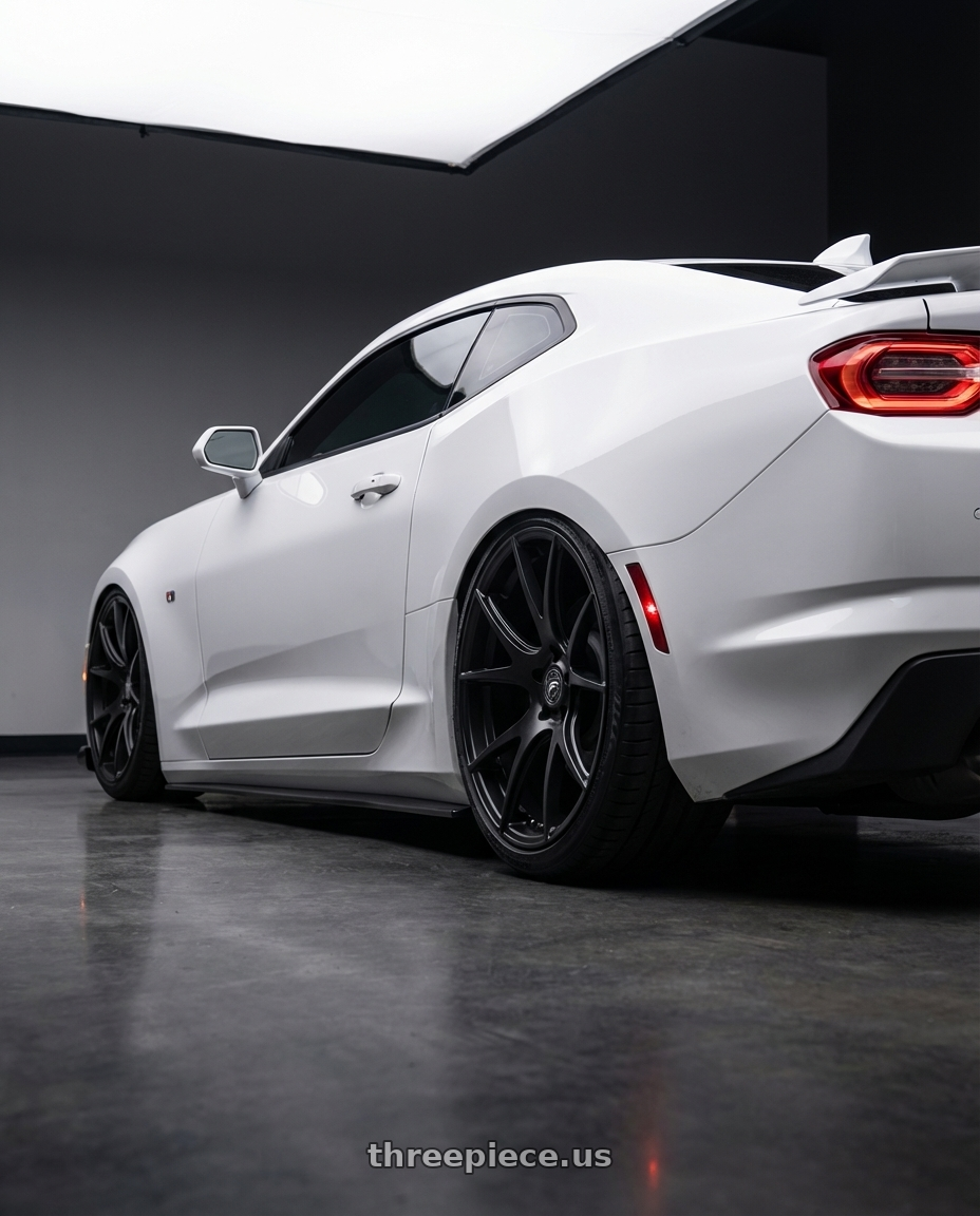 2022 Chevrolet Camaro with Forgestar CF5V 5x120 20x9 +38 Satin Black wheels rear three quarter view slight stretch tires