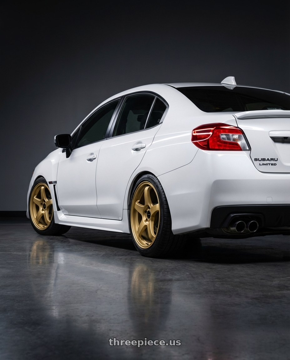 2017 Subaru WRX Limited, Crystal Pearl White with Rosenstein Wheels CR 5X114.3 18X9.5 +38 Gold wheels rear three quarter view square tires
