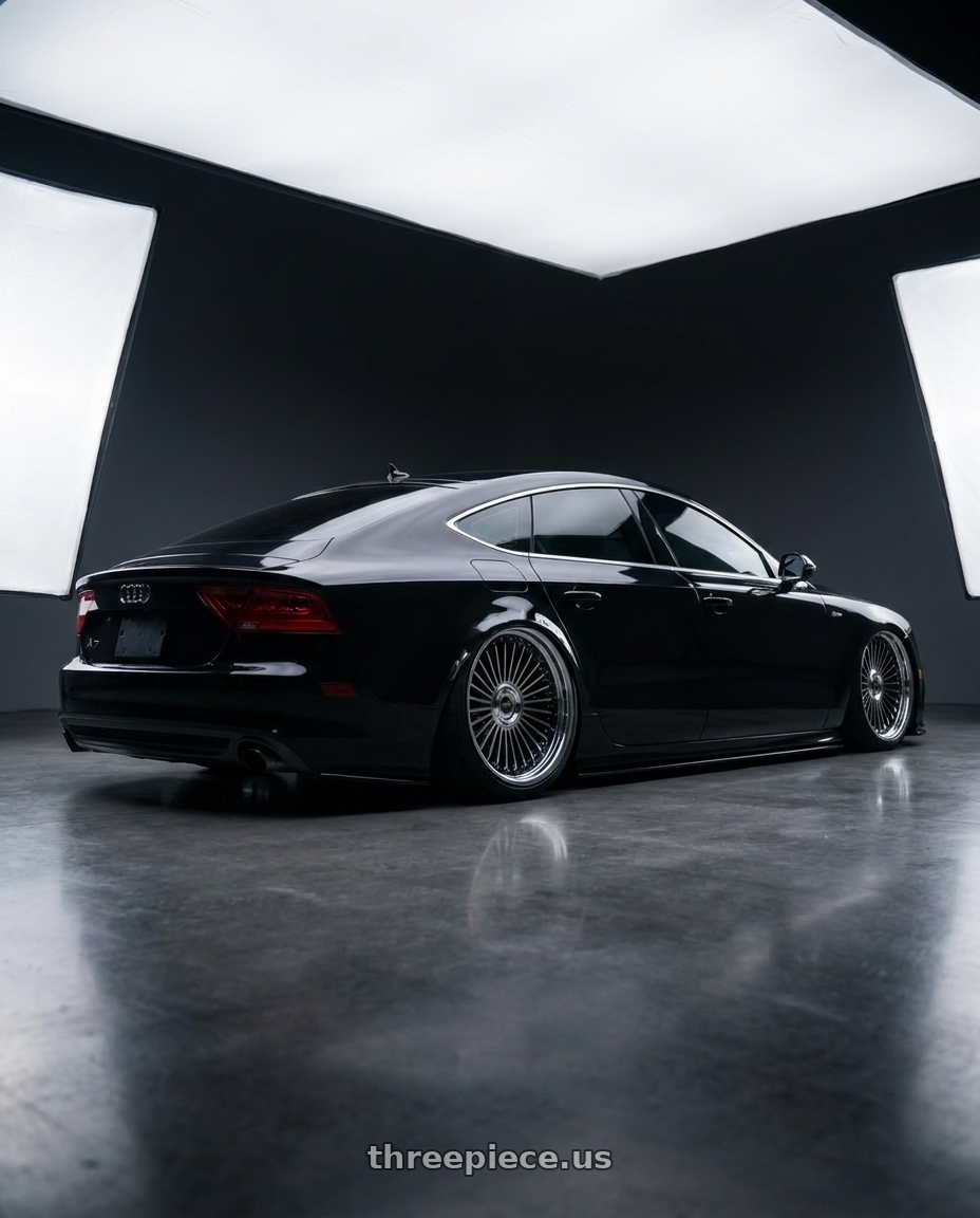 2012 audi A7 with Work Emitz Black Polish 5x112 19x8.0 +22 wheels rear three quarter view square tires