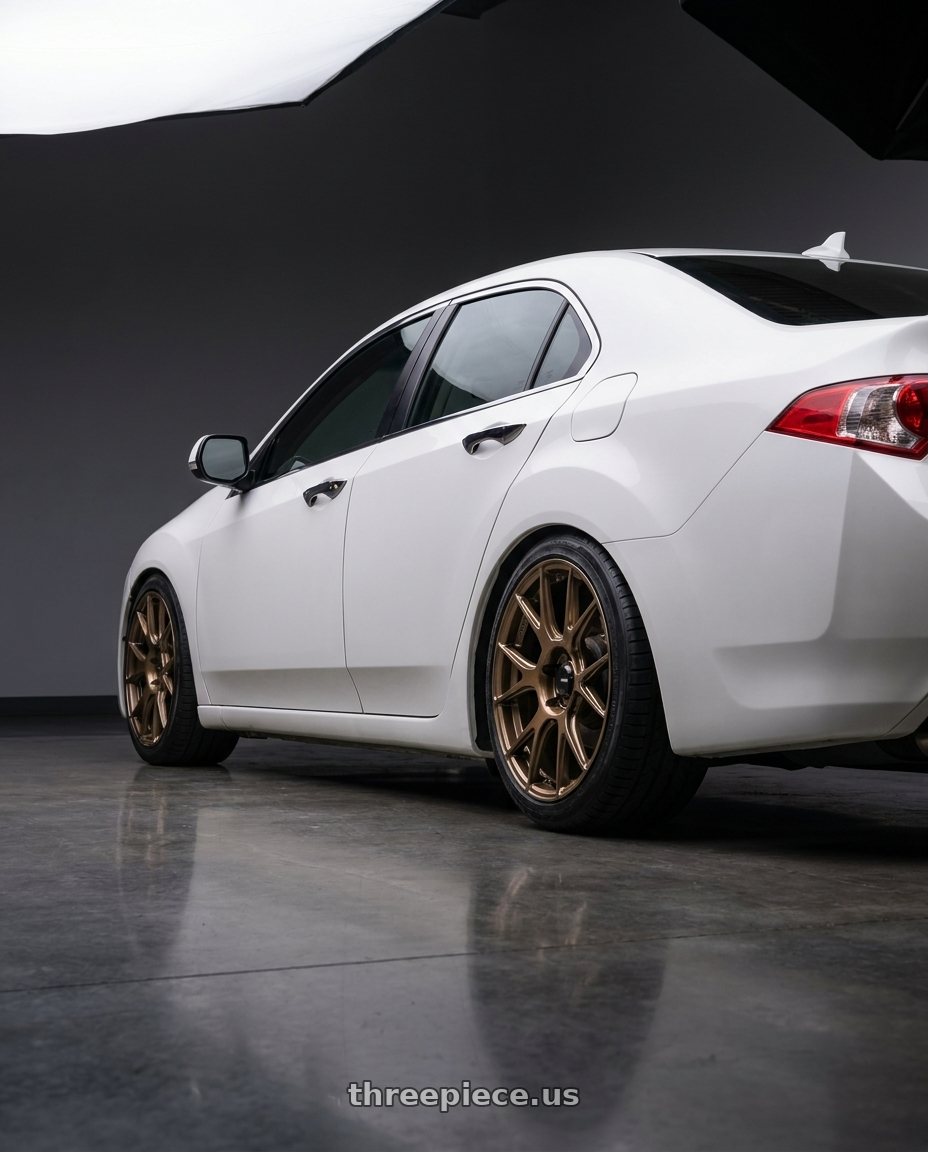 2013 Acura TSX with Konig Ampliform 5x114.3 18x10+20 Gloss Bronze wheels rear three quarter view square tires
